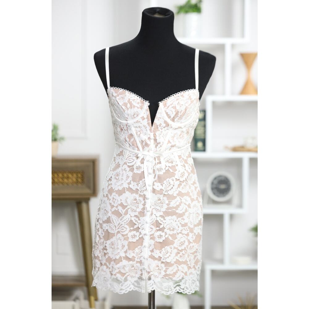 For Love & Lemons Ivory Lace Corset Mini Dress Nude Lining Romantic Bridal New - Picture 4 of 16